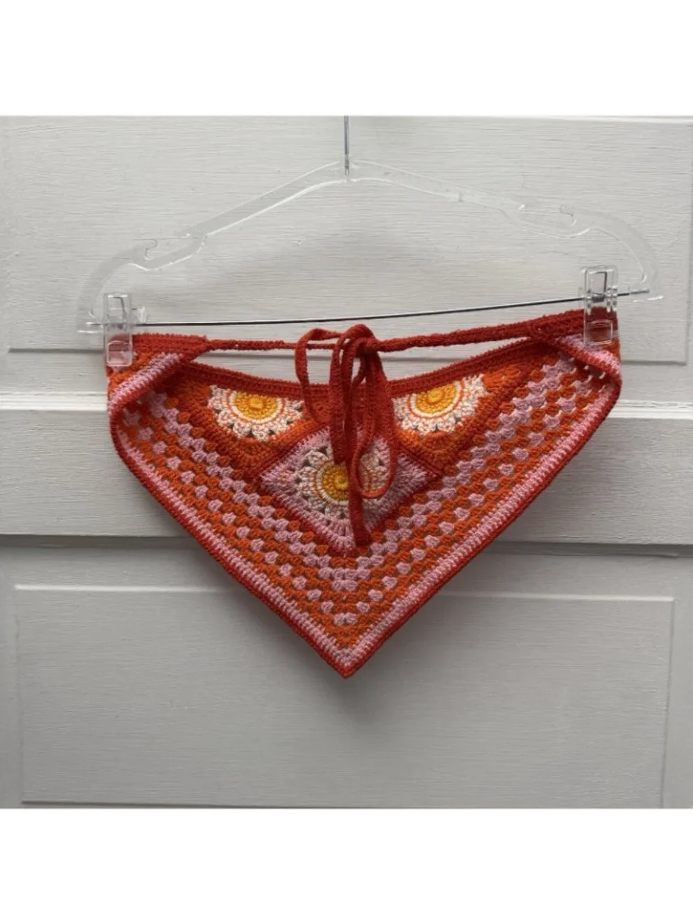 Handmade Crochet Daisy Head Scarf Bandana Pink Orange Floral Tie Boho Festival